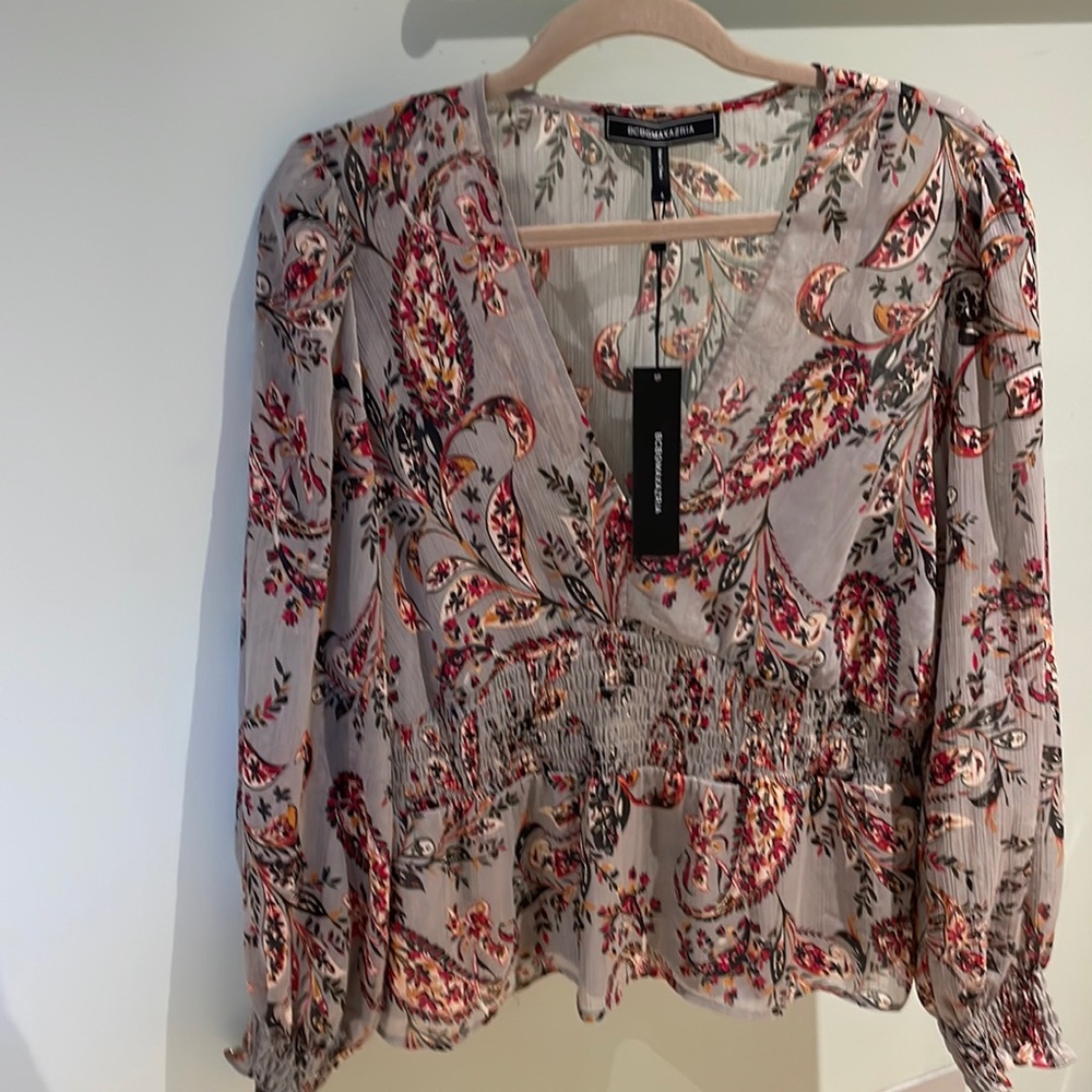 BCBG print top with grey tank attached. NWT